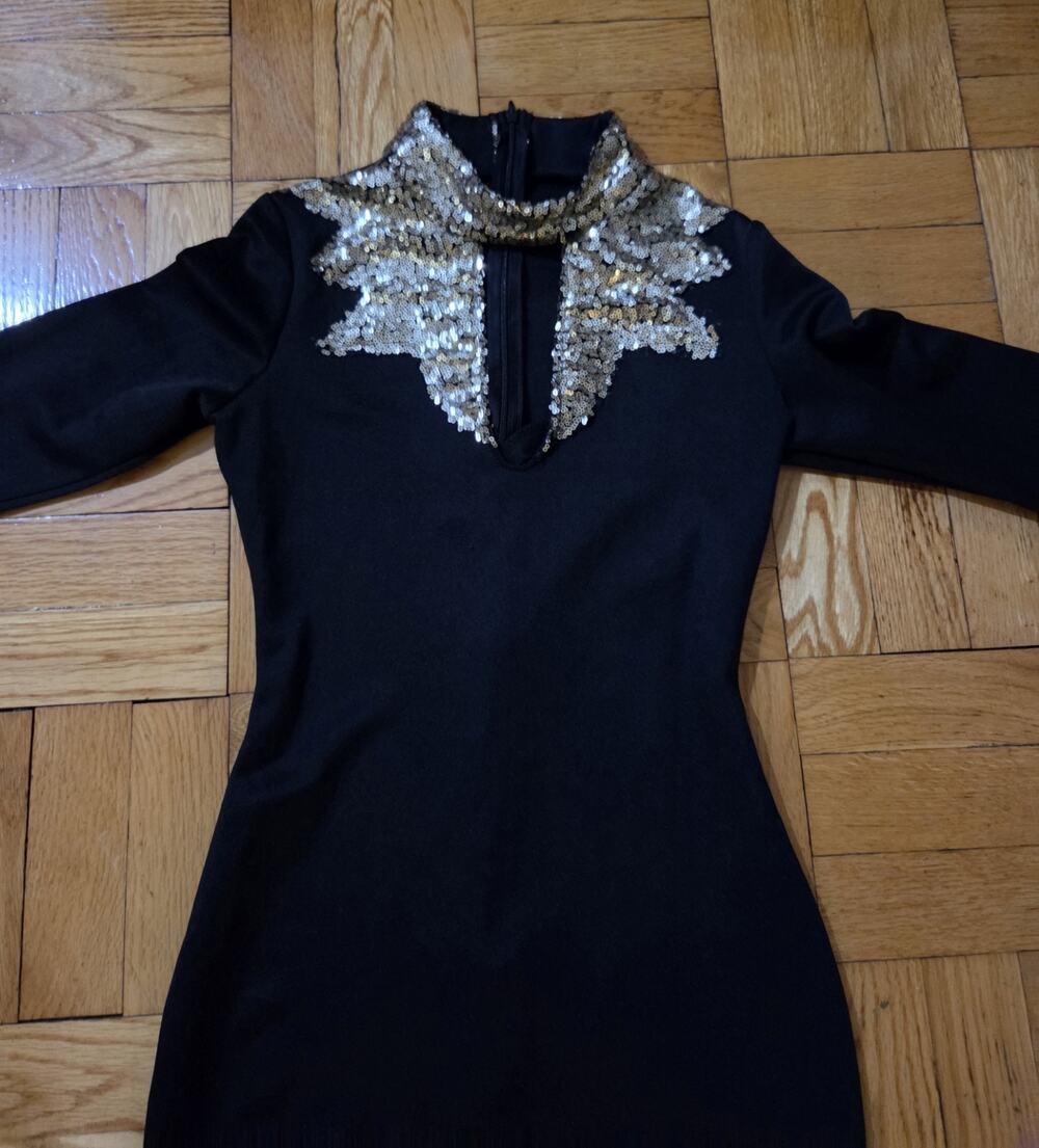 Black Midi Length Long Sleeve Strech Gold Sequined PeekABoo Dress Nosz Fit S-m